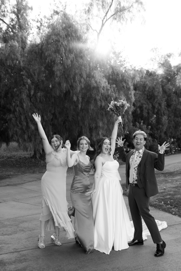 Bride with her crew excitedly celebrating her about to get married